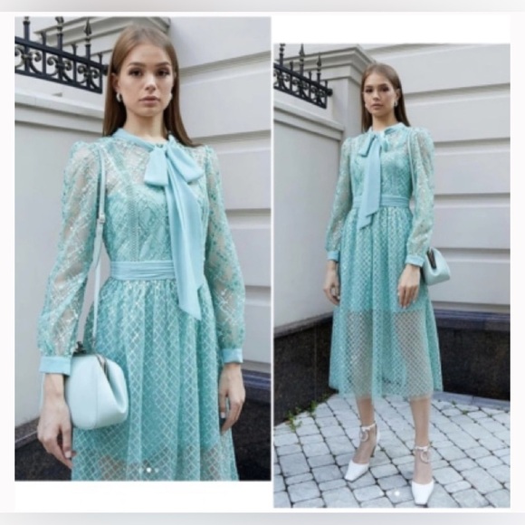 SELF-PORTRAIT Mint Seafoam Green Grid Sequin Bow Lace Dress Size 4 NWT - Picture 1 of 12
